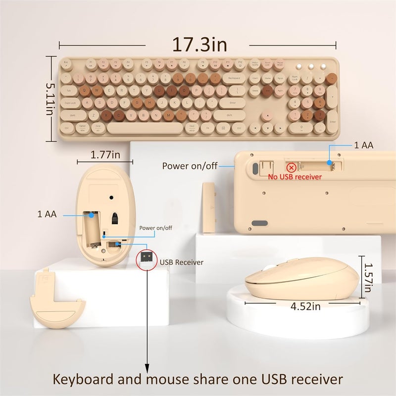 Links9+ Wireless Keyboard and Mouse, Full-Size Retro Typewriter Keyboard with Round Keycaps, 2.4GHz for Windows, Mac, Laptop, PC, Desktop (Milky Tea Colorful) - Image 4